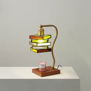 Art Deco stained glass lamp front view with honey and amber layered glass shade on tabletop studio display