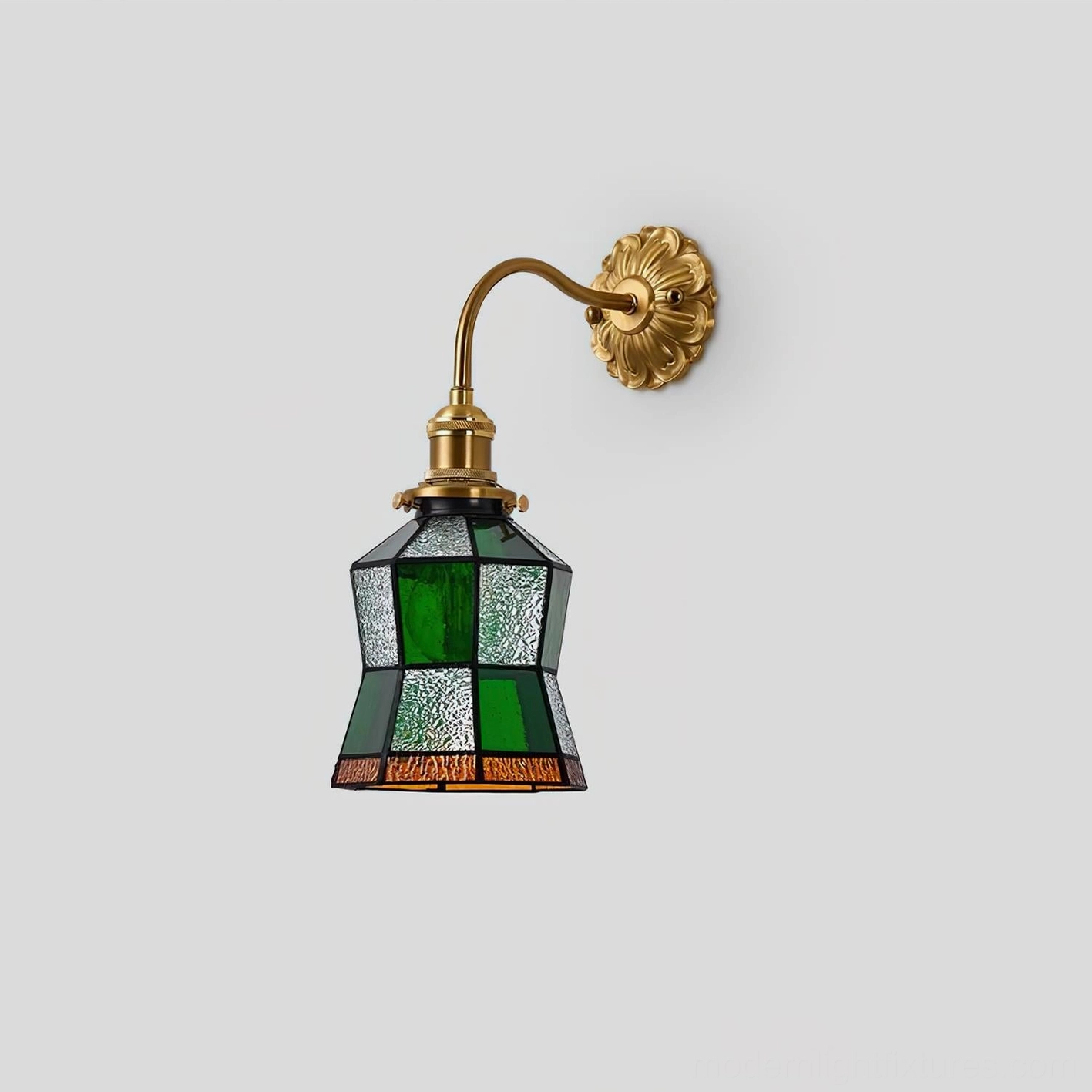 Vintage stained glass wall sconce product detail view emphasizing hand-assembled glass panel craftsmanship and sculptured brass mounting