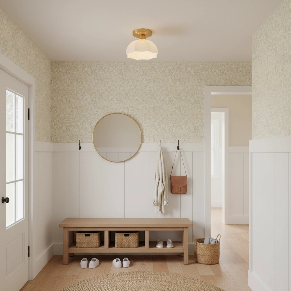 Vintage style scalloped semi-flush ceiling light with brass canopy in minimalist interior design