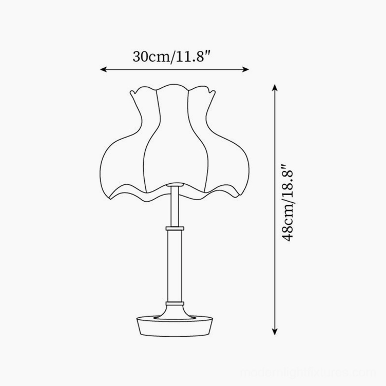 Vintage floral table lamp technical specifications diagram, 30cm diameter x 48cm height dimensions schematic