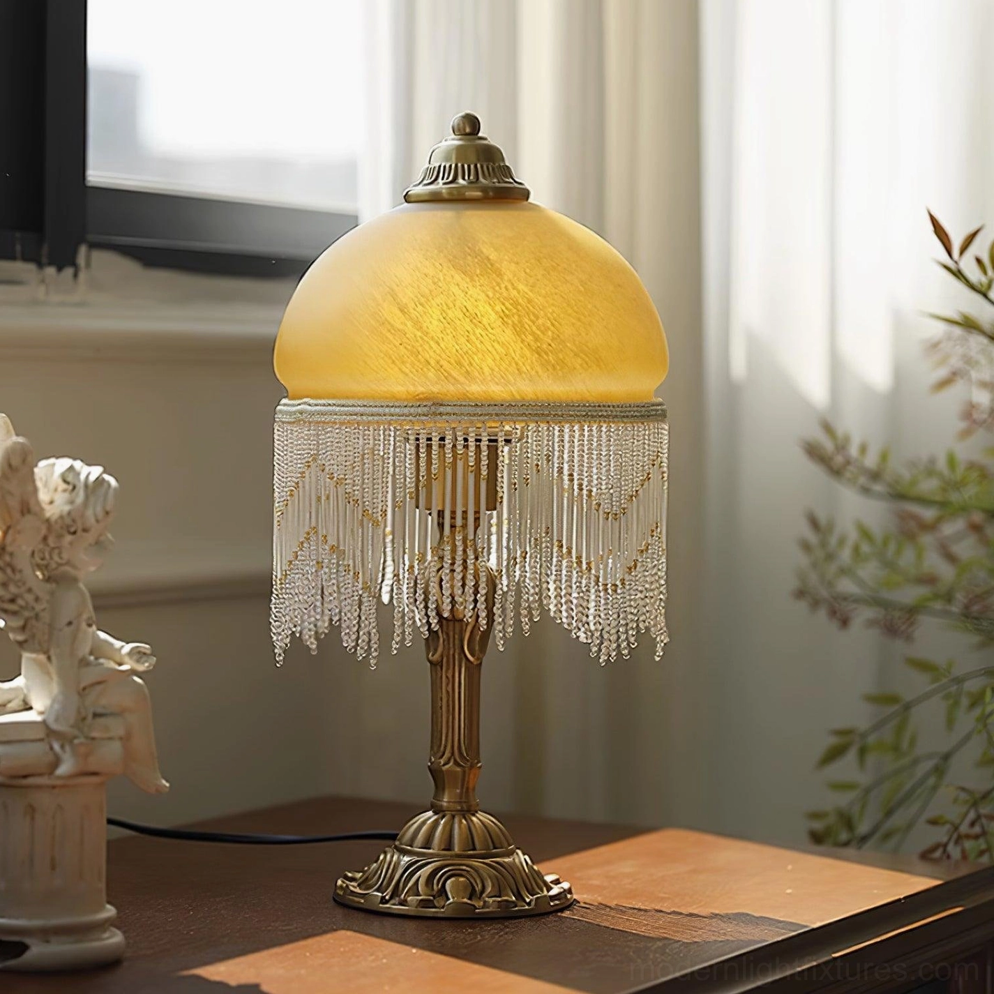 Vintage tassel table lamp with brass construction and warm amber glass - perfect for bedroom and living room décor