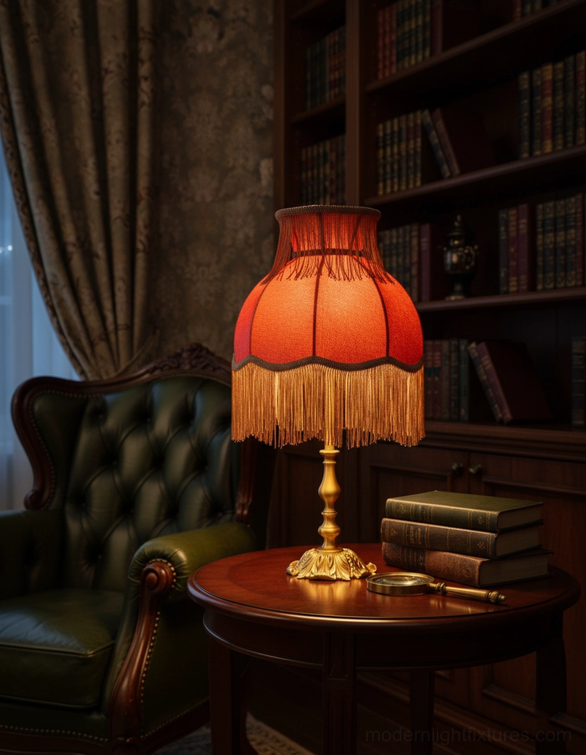 Victorian-style tassel table lamp with orange velvet shade and brass base in home library setting