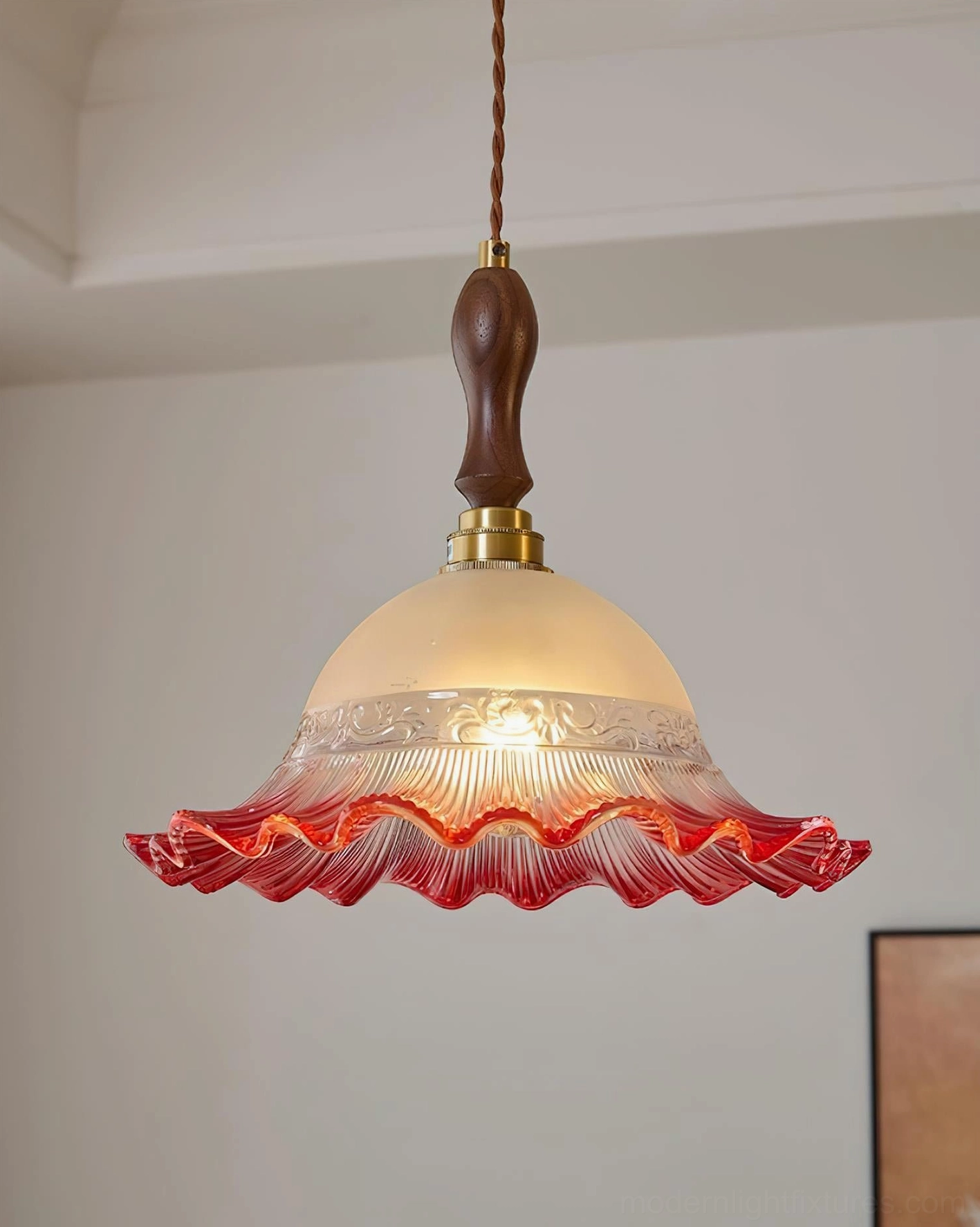 Vintage-style pendant light with textured frosted glass and wood spindle detail