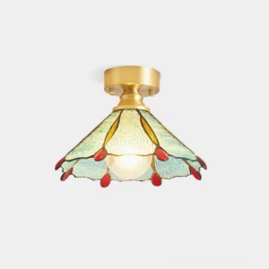 Retro Tiffany-style stained glass ceiling light with petal shade and ruby red accents in brass finish