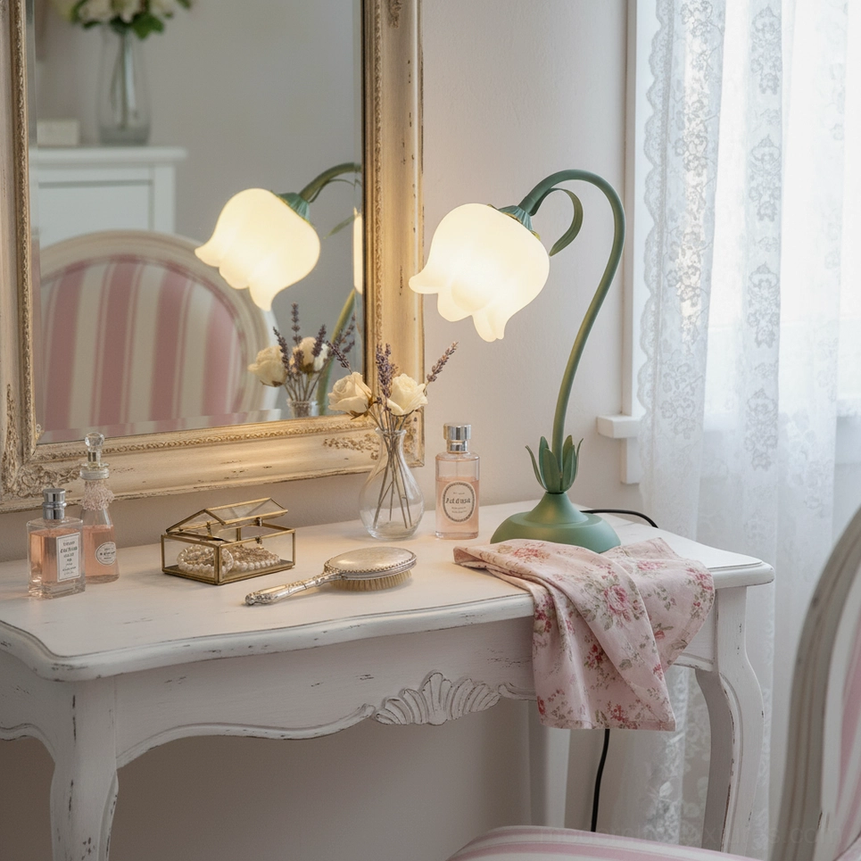 French vintage vanity scene with two adjustable twist tulip table lamps flanking decorative mirror
