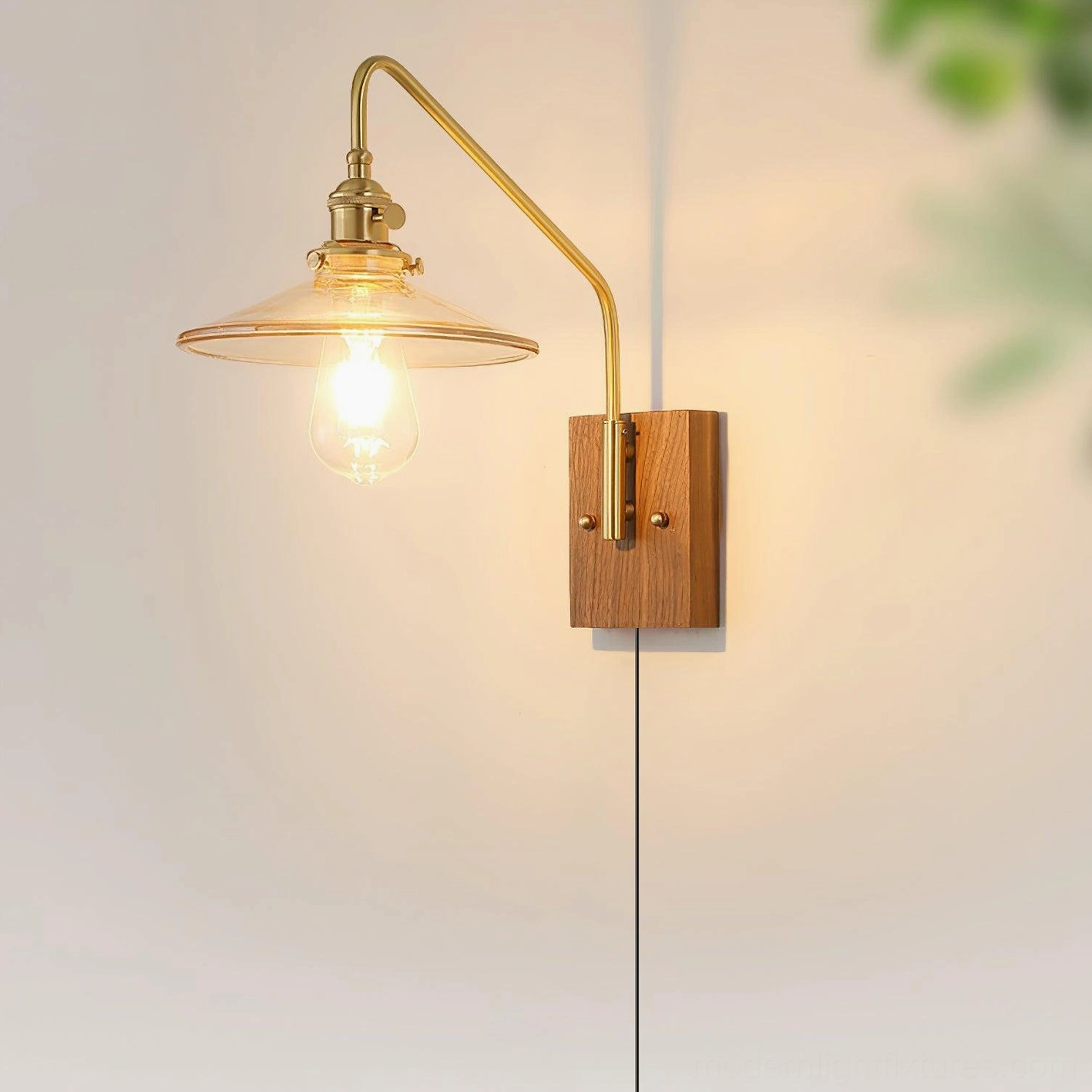 Vintage brass wall sconce with exposed bulb showing adjustable positioning in entryway hallway