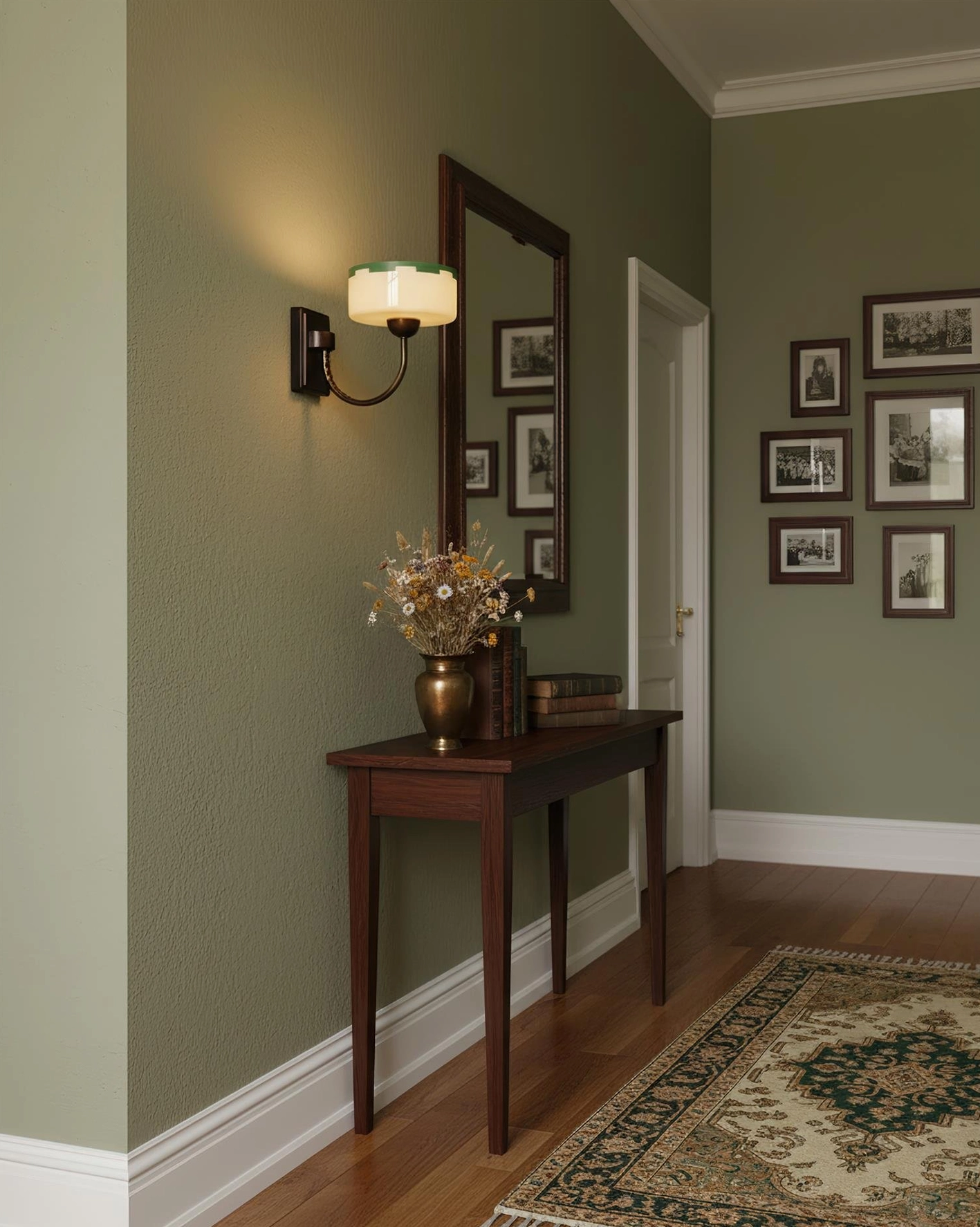 Single vintage wall sconce installed in hallway with olive green paneled walls, retro home decor
