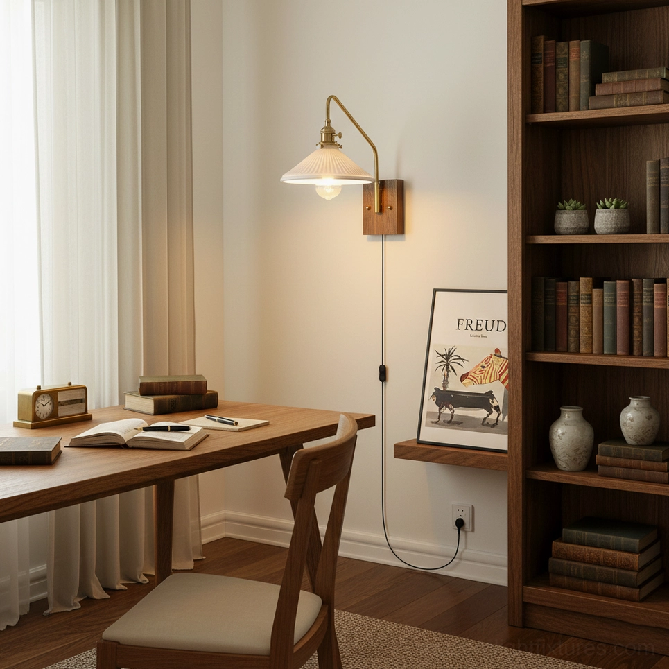 Vintage brass wall sconce mounted in home office space above desk with bookshelf backdrop