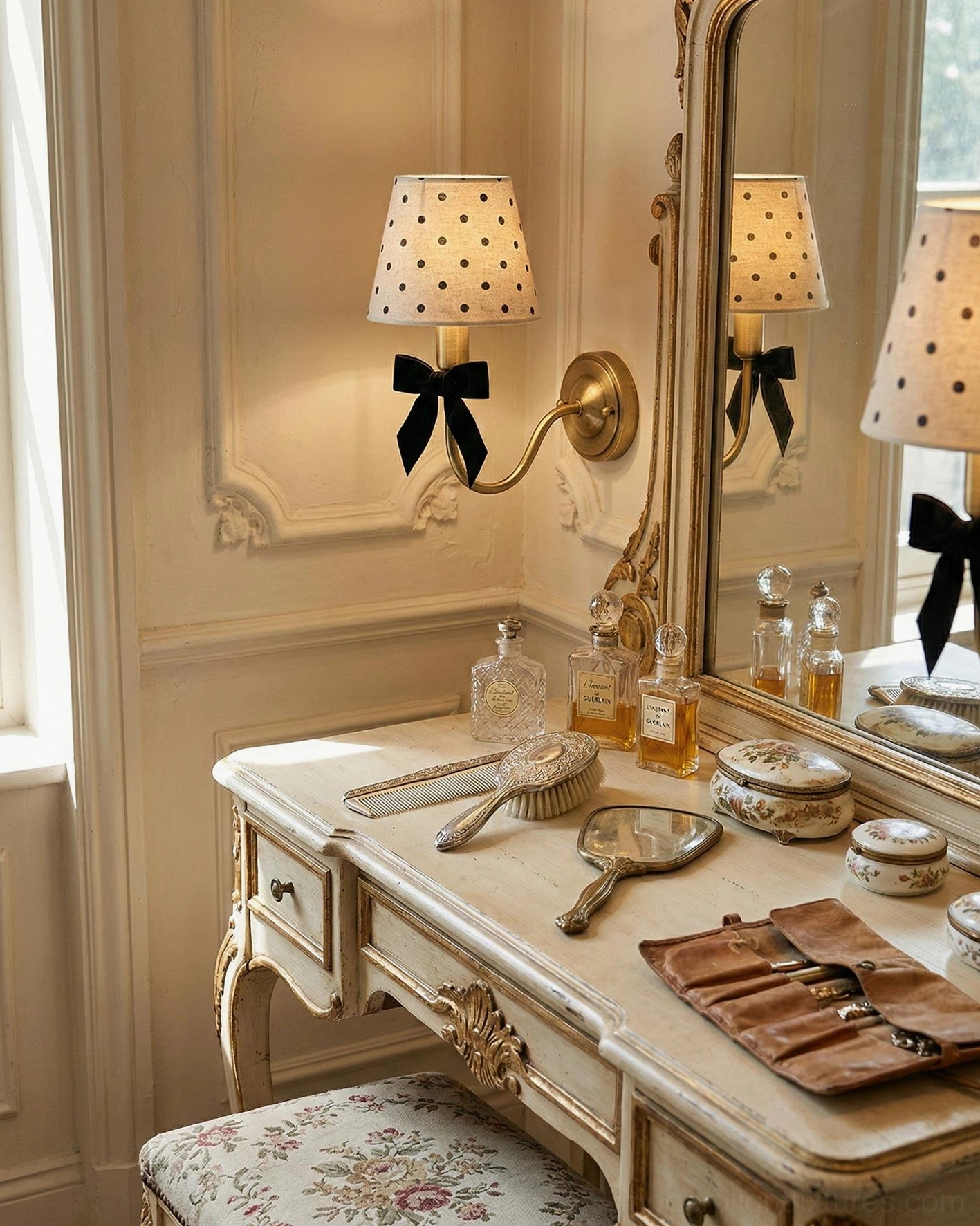 Polka dot wall sconce beside ornate vanity mirror in dressing room, vintage beauty area setup with side indoor perspective
