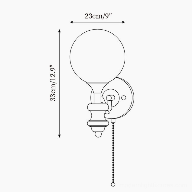 Technical dimension schematic and orthographic drawing of vintage spherical wall lamp