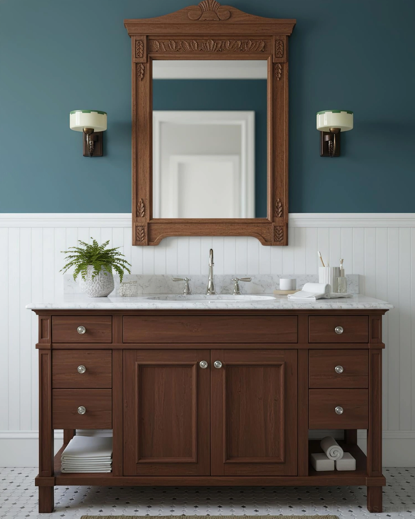 Two vintage wall sconces with green-trimmed shades flanking bathroom vanity mirror, retro bathroom lighting