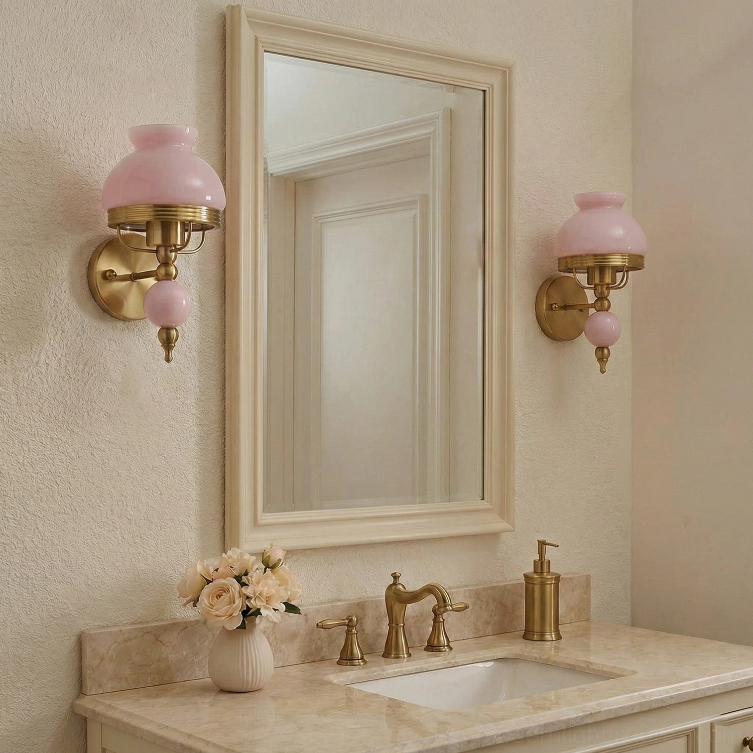 Dual pink floral wall sconces flanking bathroom vanity mirror, vintage beige bathroom interior