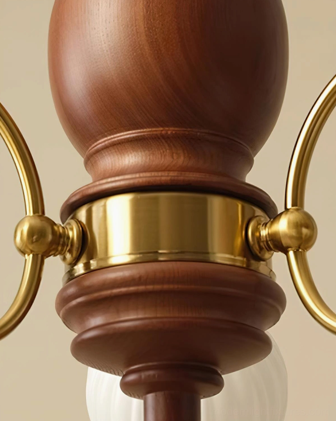 Vintage wood chandelier architectural detail view showing metal frame and glass shade construction