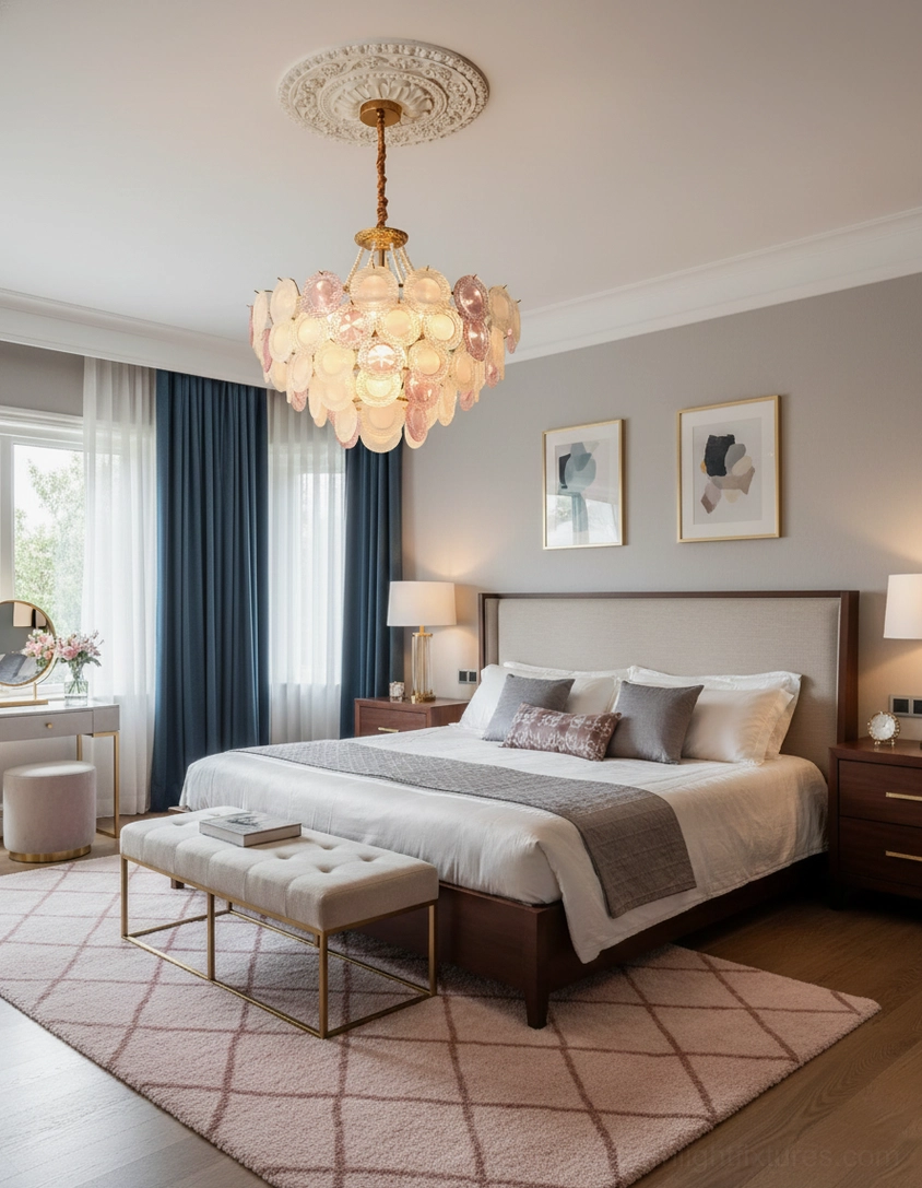 Violaire blush pink tiered glass chandelier detail showing frosted glass petal design and pearl accent strands