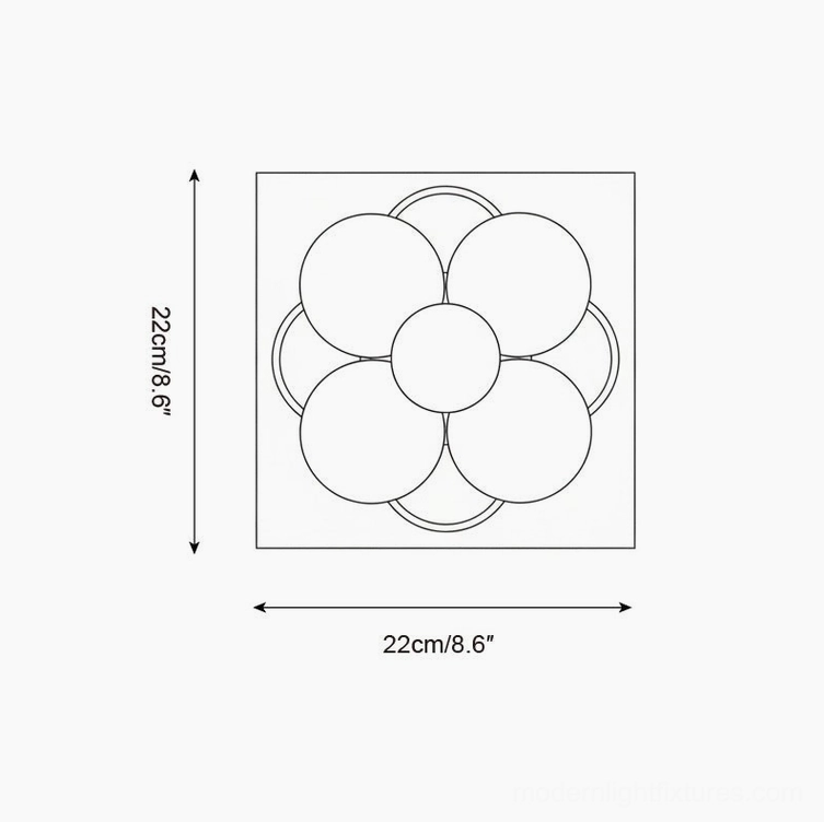 Violetta wall sconce technical schematic with top-down orthographic view showing 22cm diameter flower-shaped design
