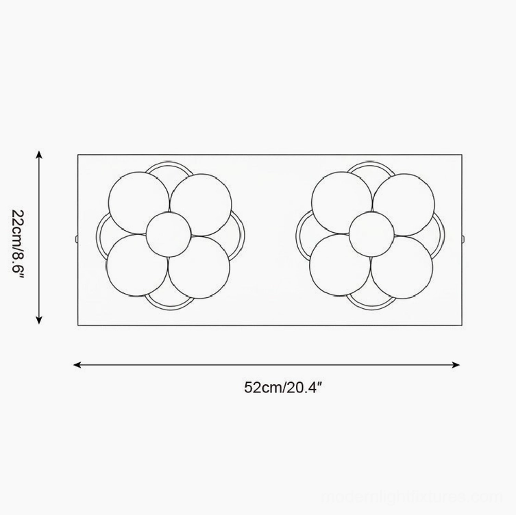 Violetta dual sconces technical drawing side view showing 52cm width and 22cm height specifications for long horizontal installation