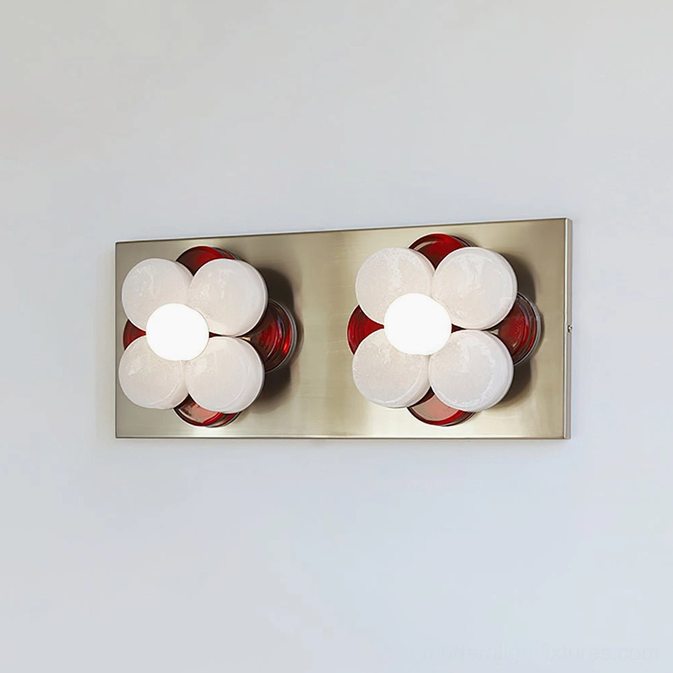 Violetta 52cm horizontal wall sconce in chrome with red glass petal accents, gallery wall installation lighting