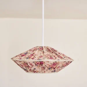 Violetta vintage saucer pendant with romantic floral fabric shade, front overhead perspective on neutral background highlighting two-tier gathered design