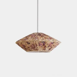 Violetta pleated fabric pendant light with floral print shade, overhead studio view showing radiating pleats and gold braid trim detail