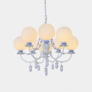 Vionette pastel blue and white glass globe chandelier with crystal pendants, frontal studio view showcasing the frosted glass shades and curved metal frame