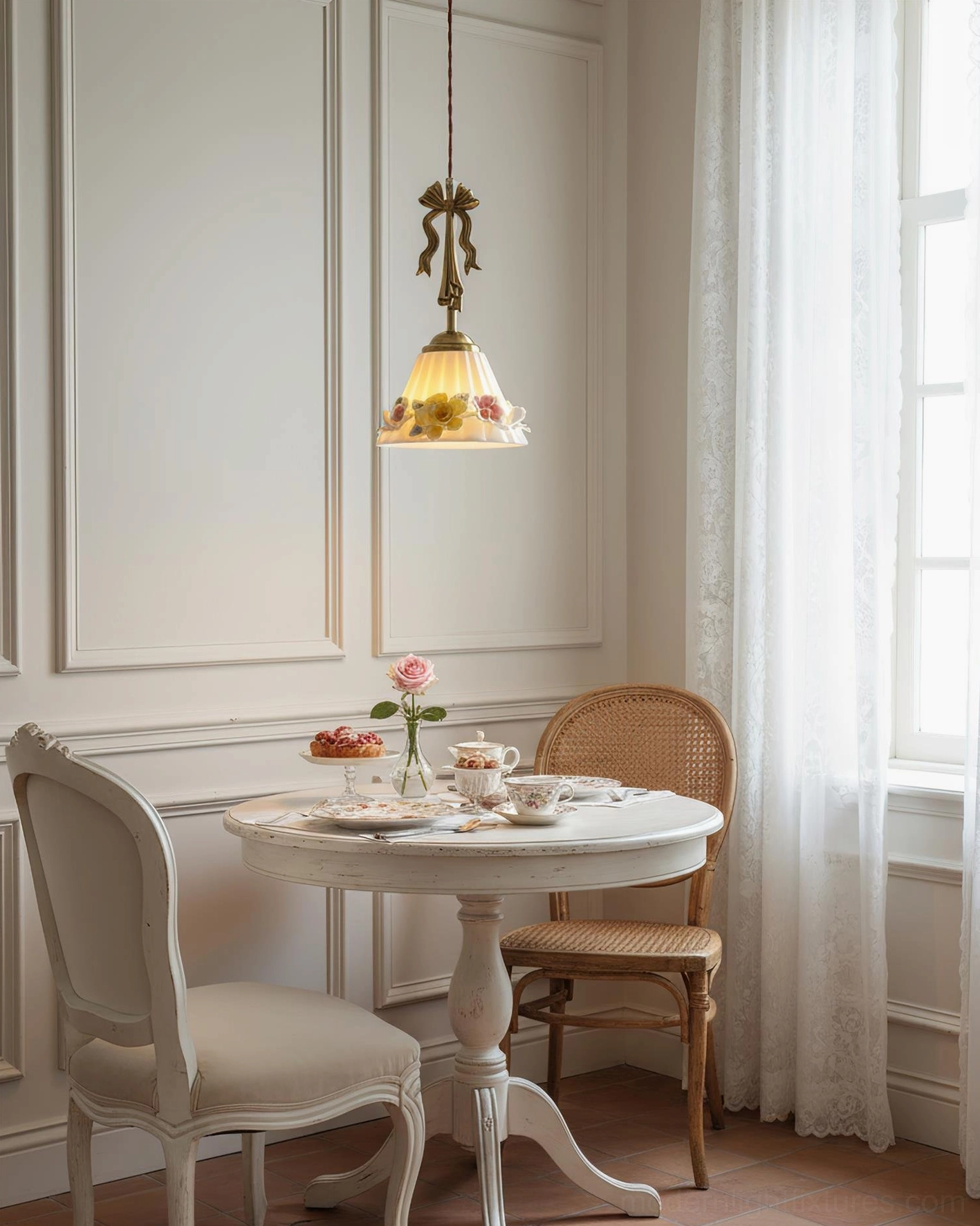 Vionna ceramic pendant lamp shade detail showing embossed floral texture and warm translucent glaze
