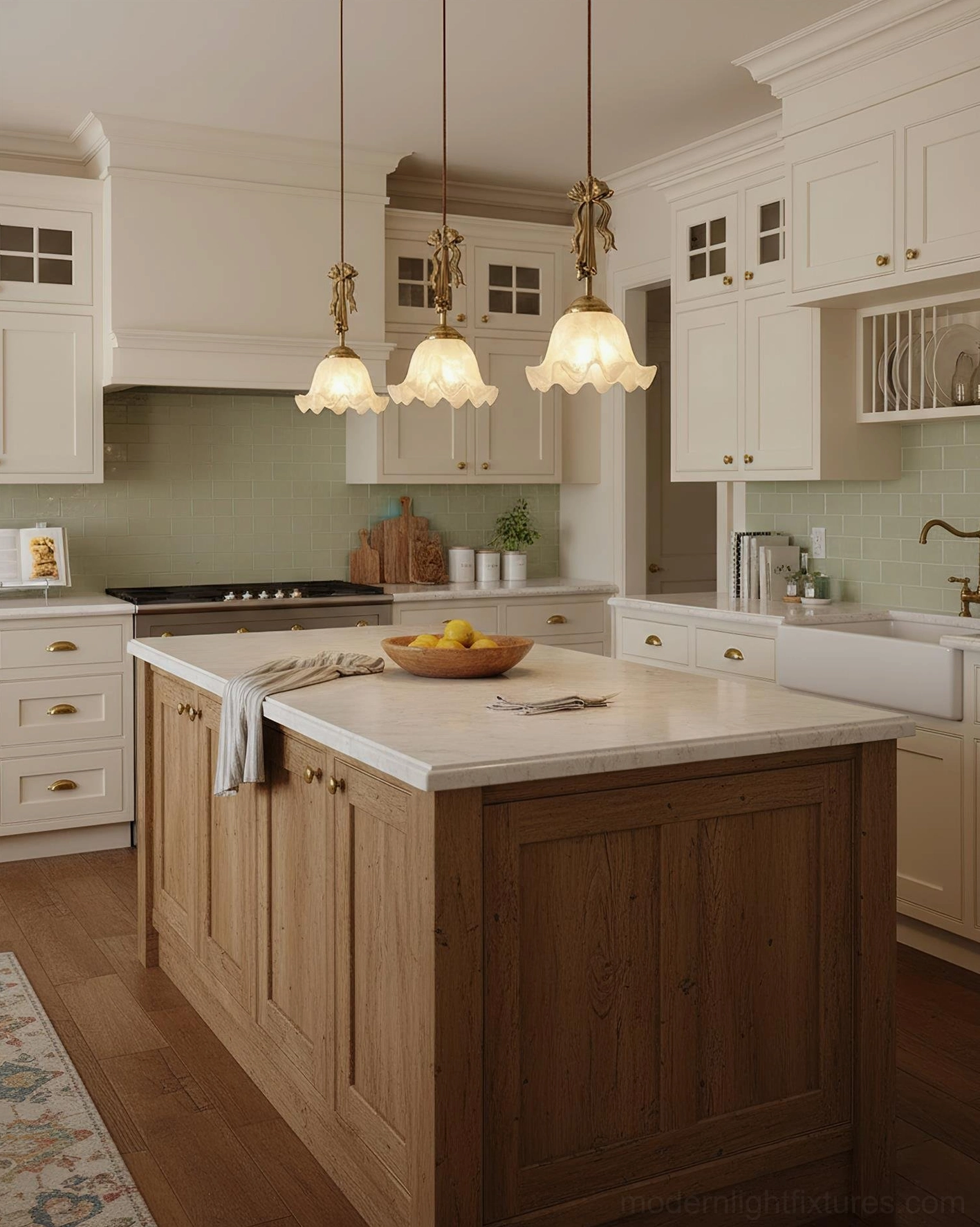 Vionna floral pendant lamps suspended over farmhouse kitchen island with warm brass hardware and coordinated shades