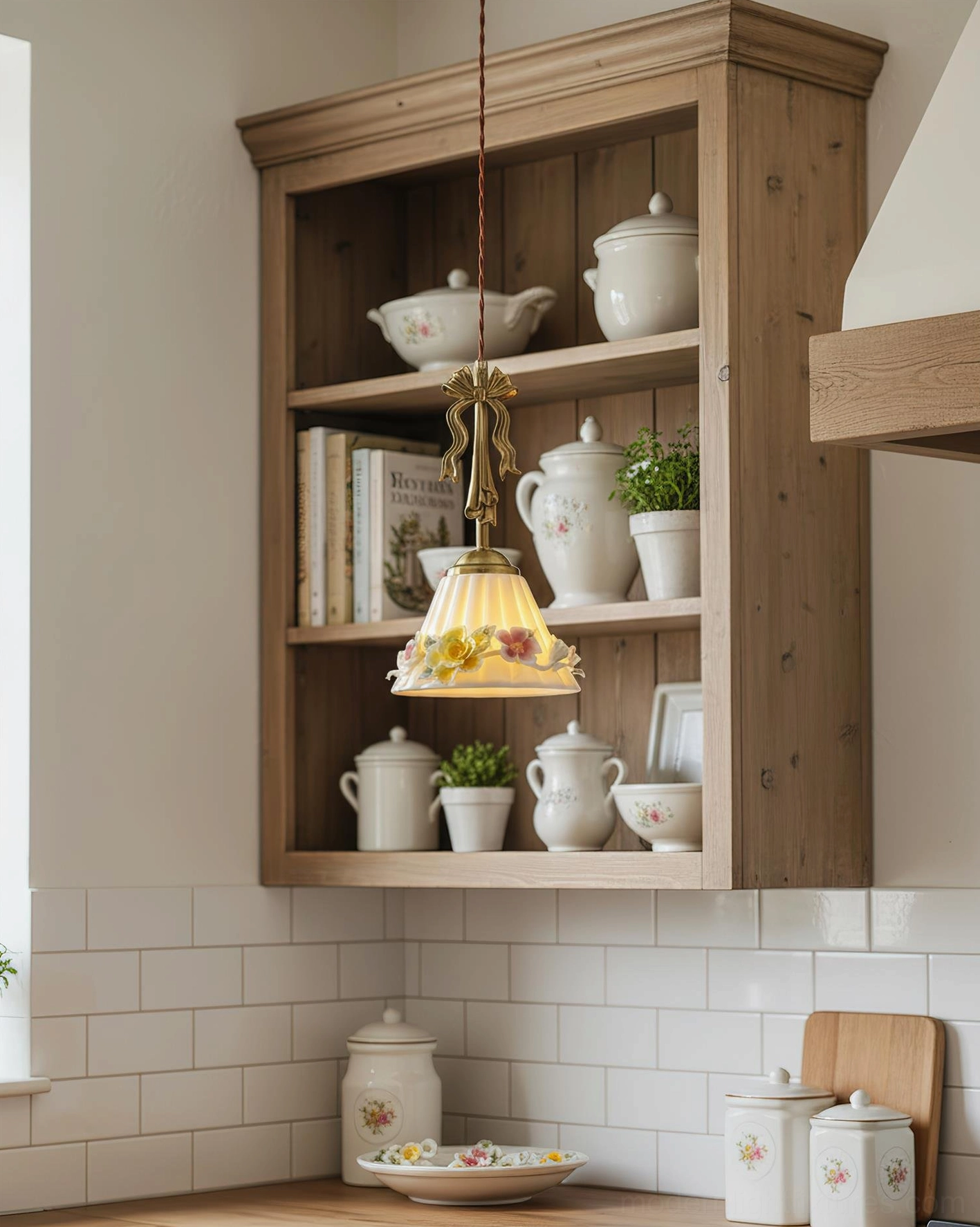 Vionna floral pendant lamp with warm glowing ceramic shade suspended in rustic kitchen open shelving nook