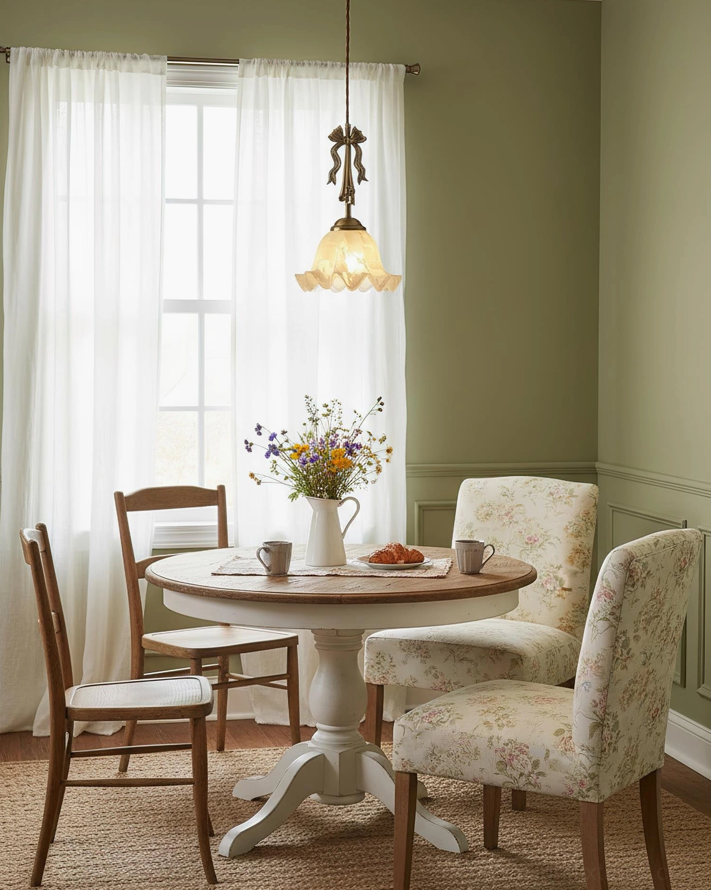 Vionna Model A compact floral pendant lamp with brass crown detail in intimate bedroom setting