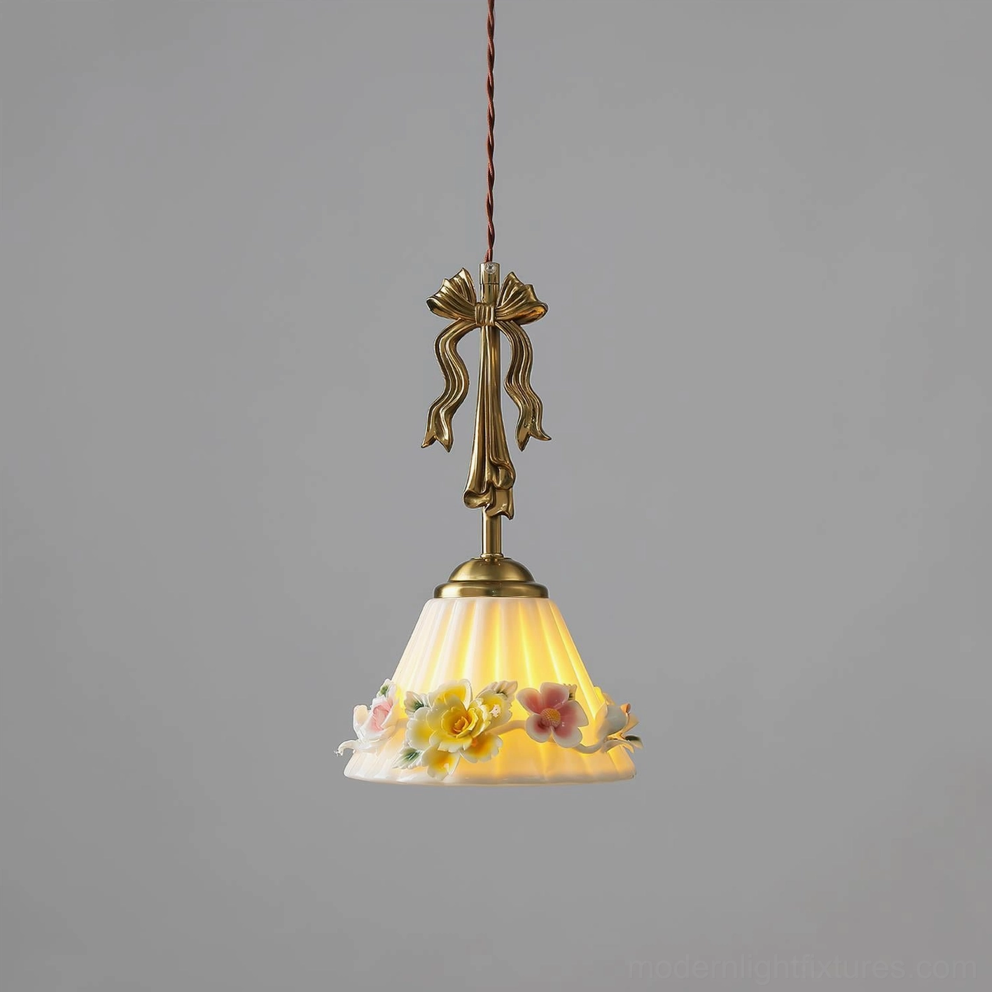 Vionna Model B pendant lamp with embossed floral shade in gold and white finish