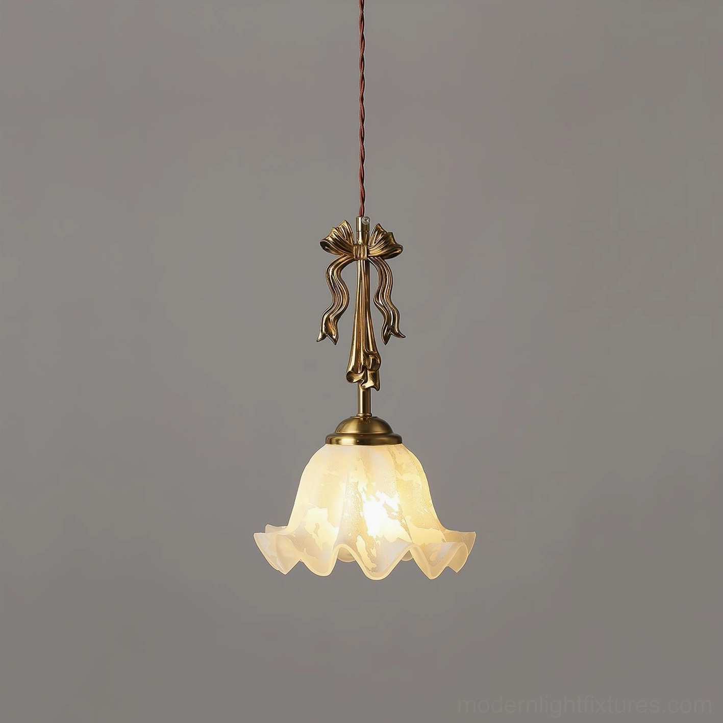 Vionna Model C pendant lamp with gold and white ceramic shade and brass bow fixture