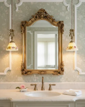 Pair of Vionna pendant lamps with brass fittings flanking ornate mirror in vintage bathroom vanity setting