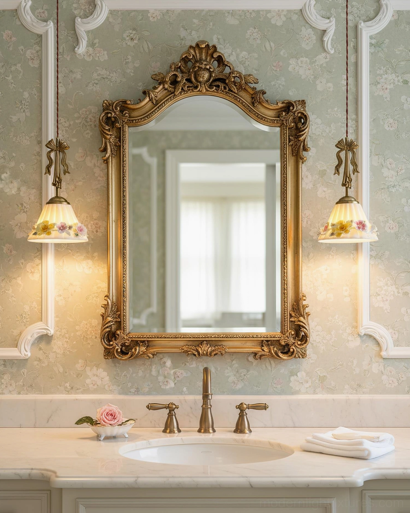 Pair of Vionna pendant lamps with brass fittings flanking ornate mirror in vintage bathroom vanity setting