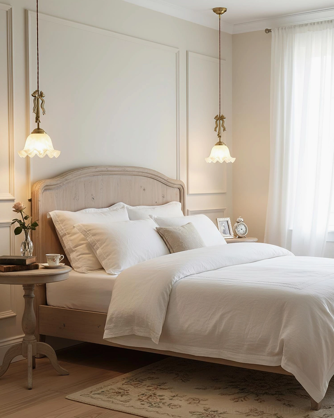 Vionna vintage pendant lamp providing ambient lighting in neutral-toned cottage style bedroom
