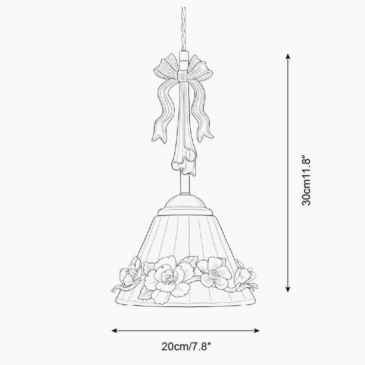 Technical line drawing of complete Vionna pendant lamp with brass bow hardware, 20cm diameter x 30cm height specifications