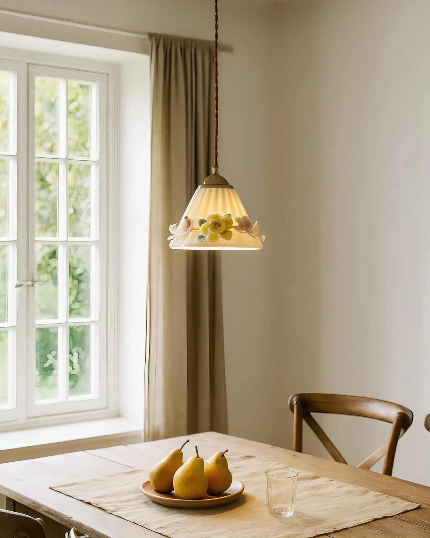 Vionna vintage pendant lamps with ruffled ceramic shades installed in transitional interior design scheme