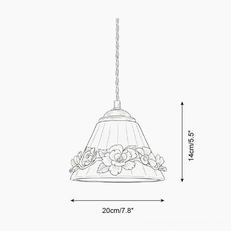 Technical orthographic line drawing of Vionna ceramic shade with floral embossing and dimensions 20cm width x 14cm height