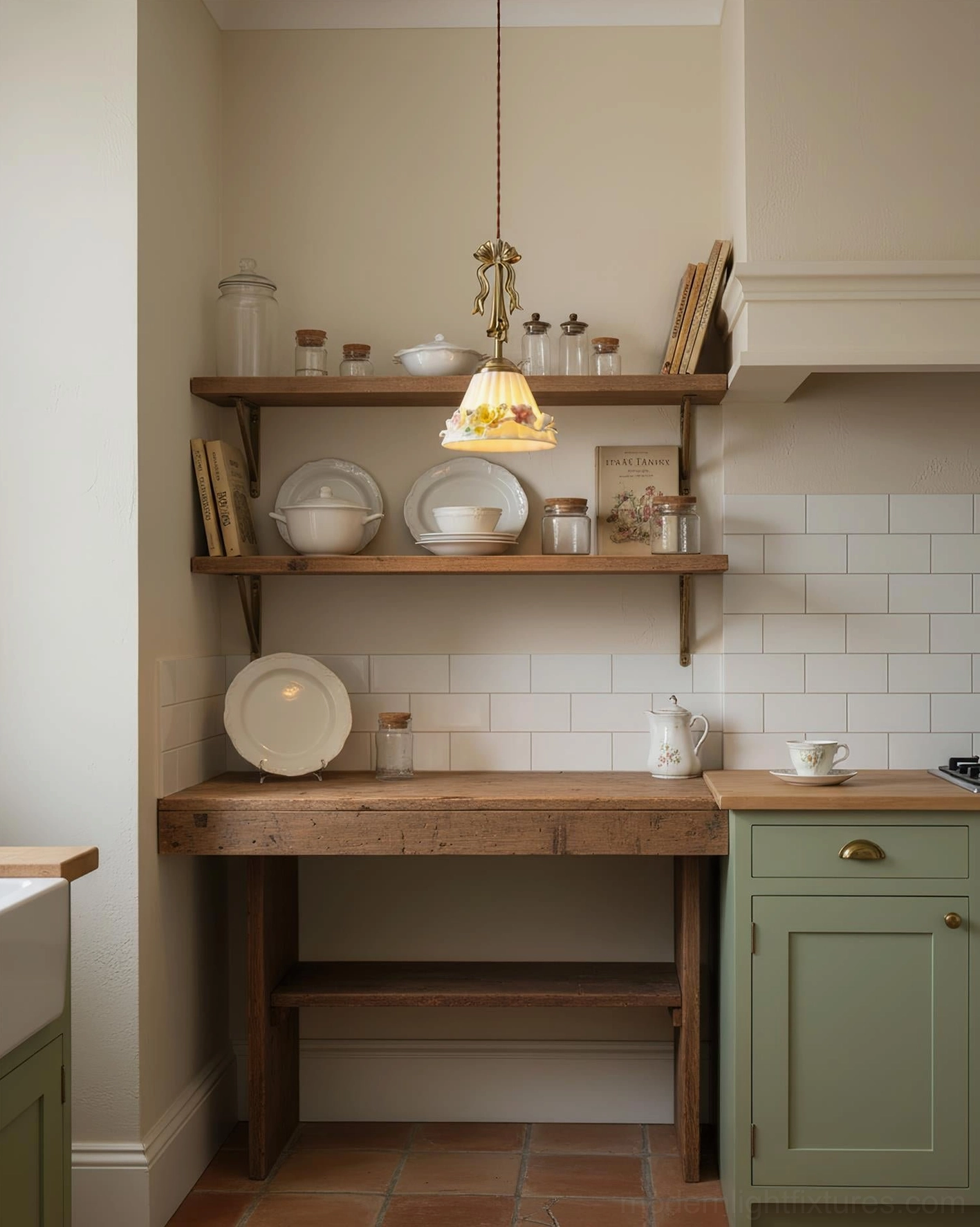 Single Vionna vintage pendant lamp with brass bow in small rustic kitchen workspace above work surface