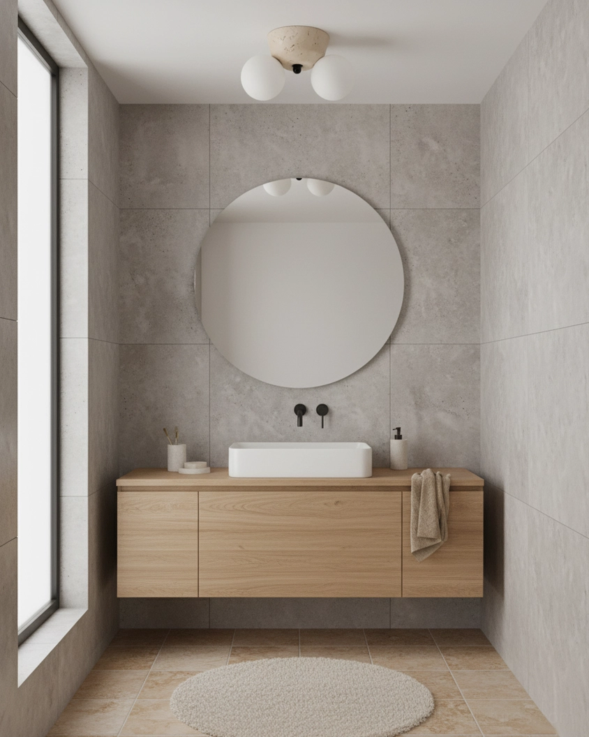 Contemporary travertine ceiling fixture in grey tile modern bathroom with stone decor accents