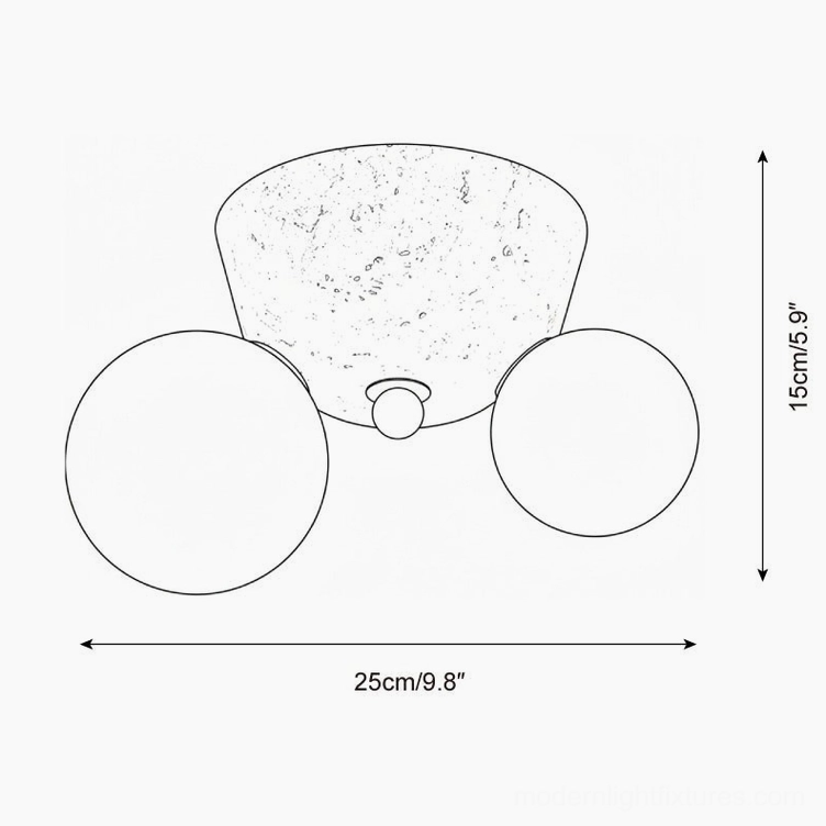 Viora travertine ceiling lamp technical schematic showing dimensions 25cm diameter 15cm height
