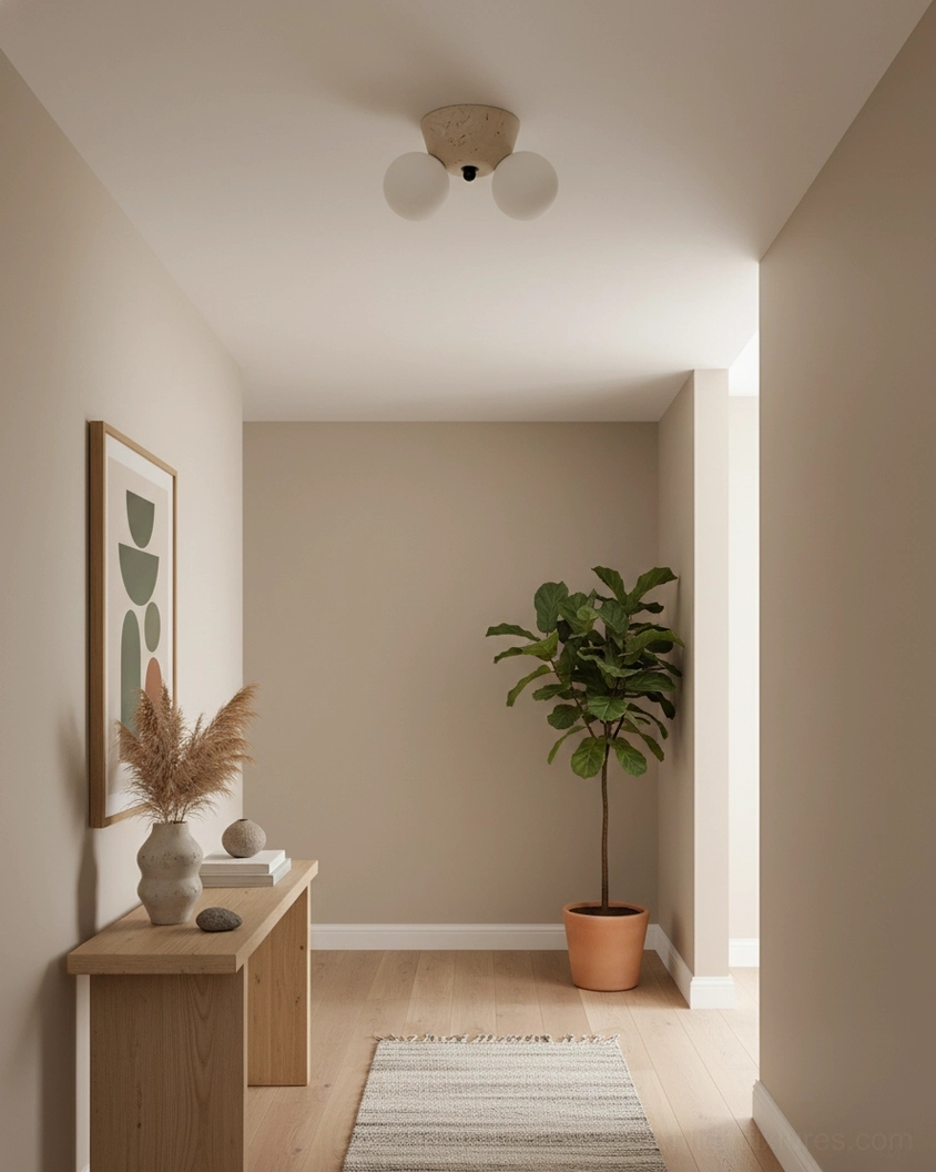 Minimalist travertine ceiling light in narrow residential corridor with neutral interior design