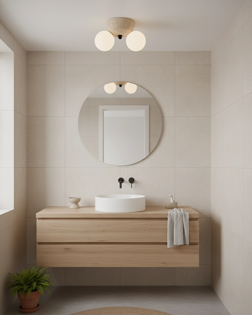 Natural stone ceiling light in light wood bathroom vanity area providing soft warm illumination