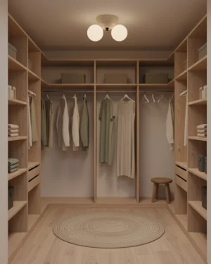 Modern travertine ceiling lamp installed in warm wooden walk-in closet interior design