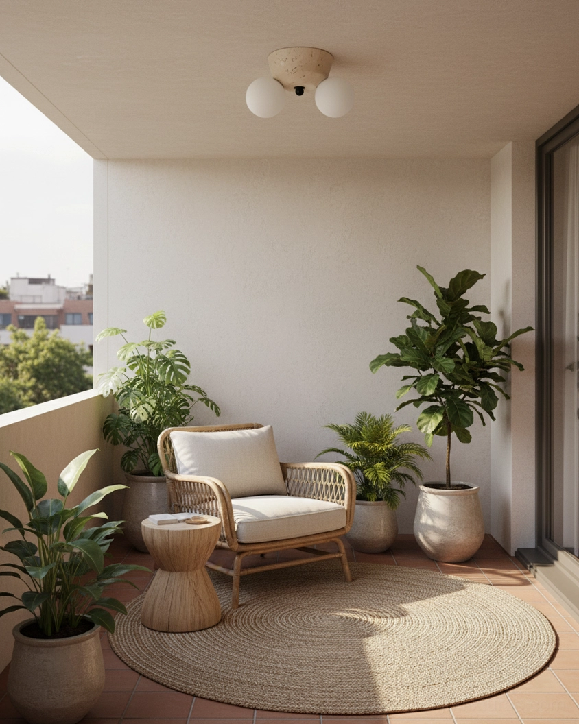 Viora ceiling light mounted on sunlit bohemian balcony with rattan furniture and greenery