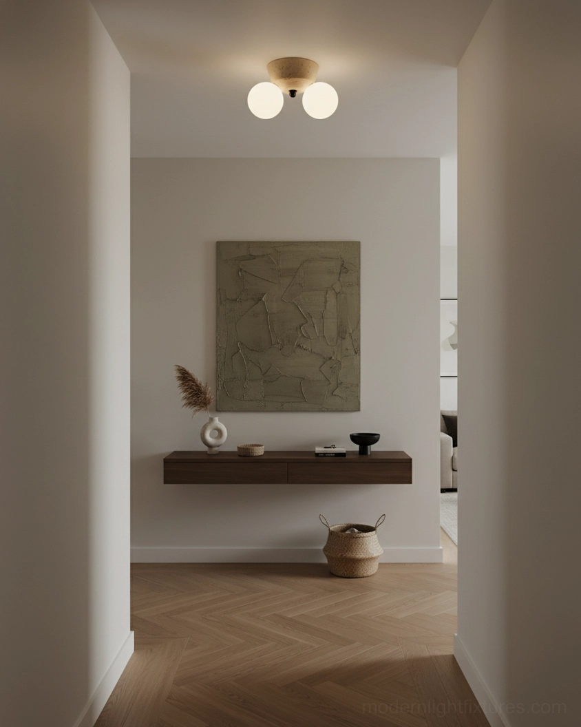 Modern stone ceiling lamp illuminating residential entry hallway with warm ambient light
