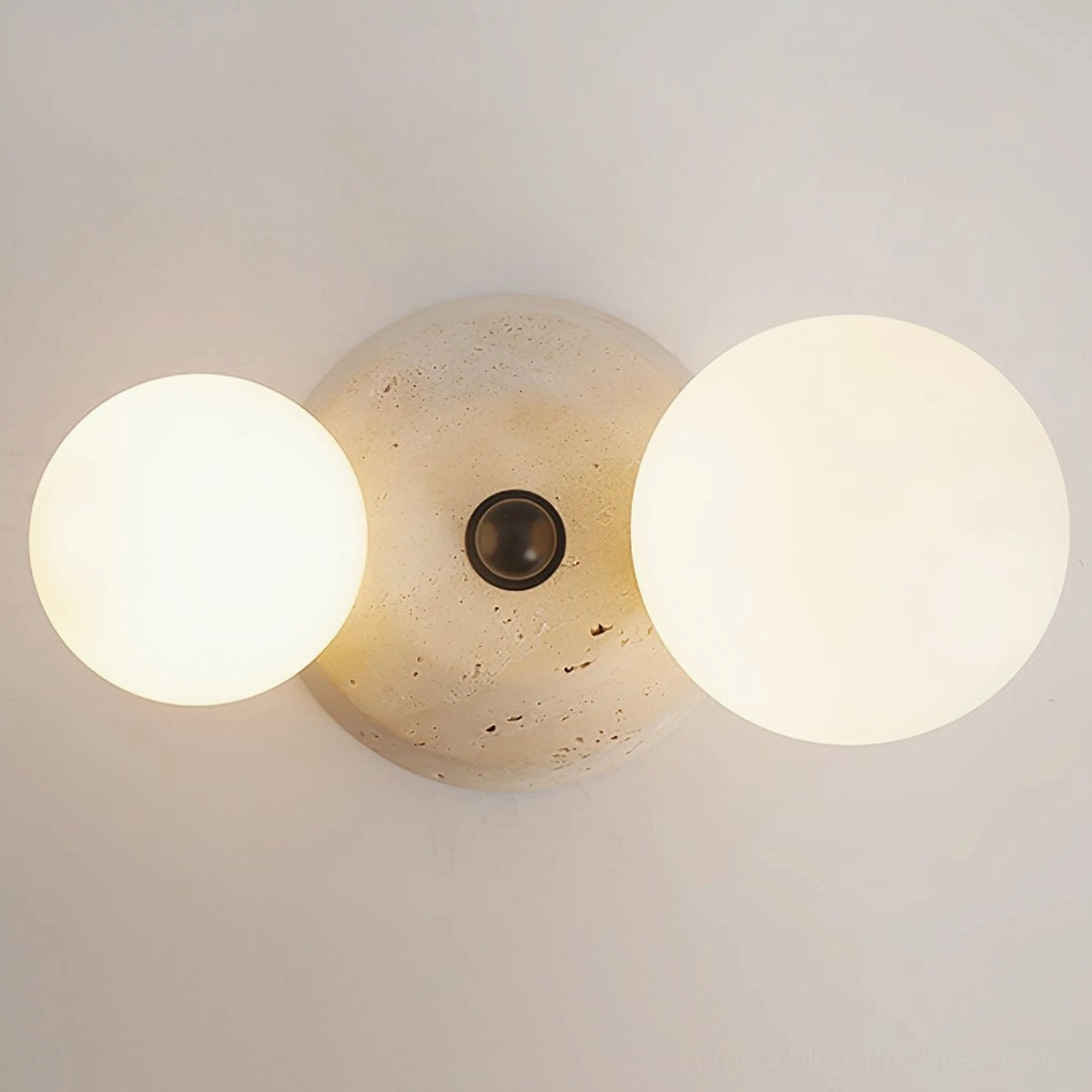 Viora natural travertine flush mount ceiling light fixture with soft matte glass diffusers detail view