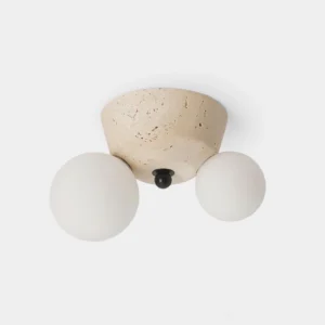 Viora travertine ceiling light fixture overhead studio view showing natural stone texture and matte glass diffusers