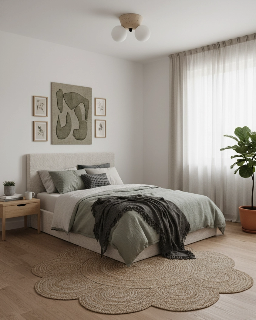 Contemporary travertine ceiling fixture in neutral modern bedroom with Japandi minimalist style