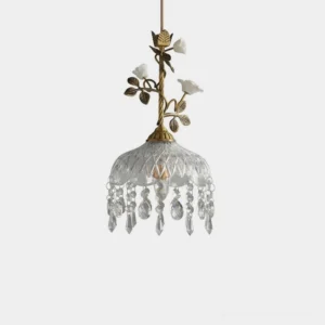 Virelia vintage rose pendant light with hand-painted ceramic flowers and antique brass cord on studio background