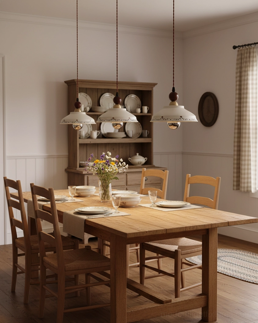 Cluster of Virella floral ceramic pendant lamps in traditional farmhouse dining area with china cabinet and countryside charm
