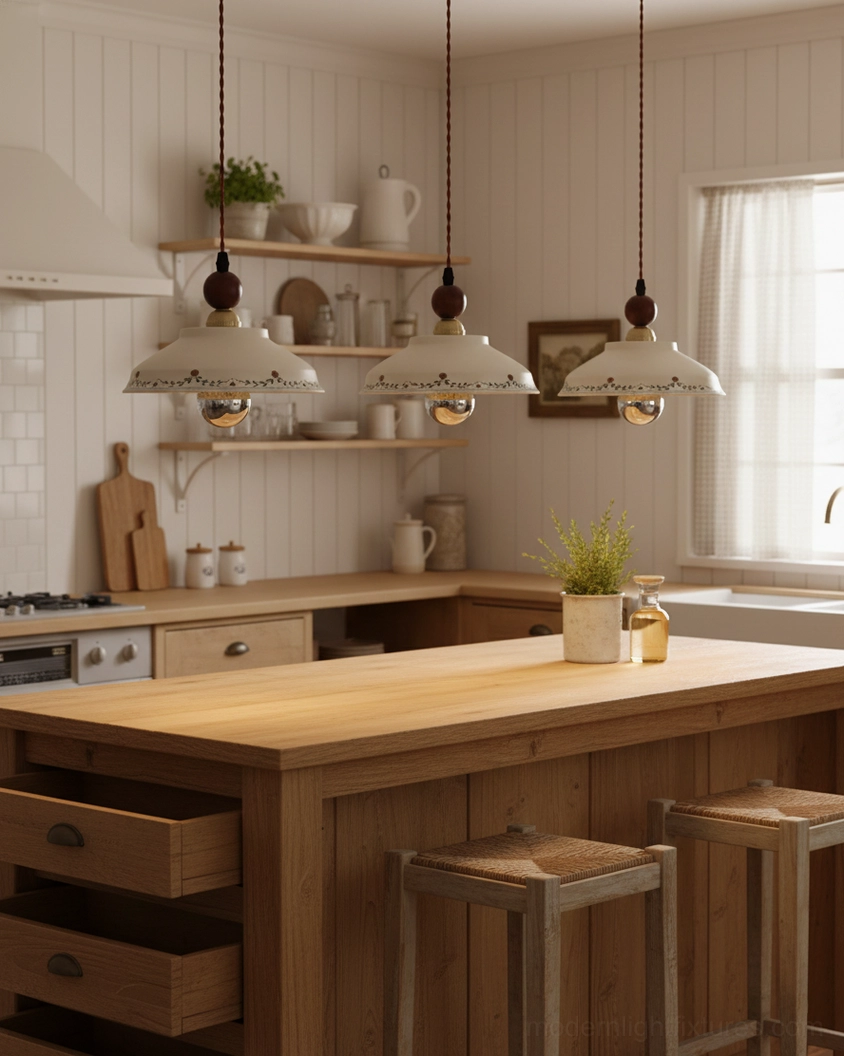 Multiple Virella ceramic pendant lights hung in rustic farmhouse kitchen over wooden island, creating warm ambient lighting